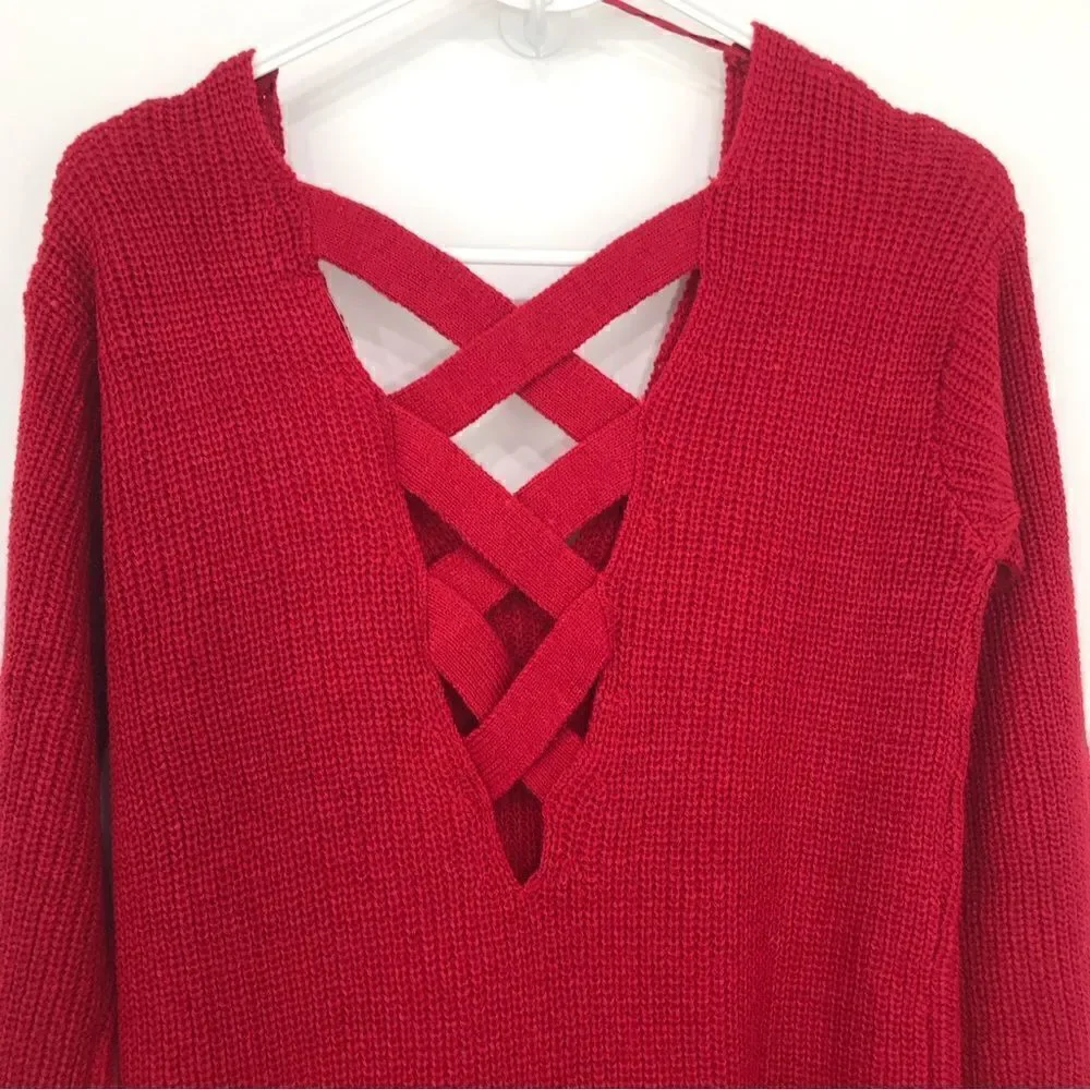 Ambiance Apparel Red Criss Cross Back Tunic Sweater NEW